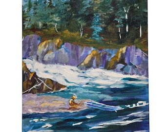 Original Landscape Painting on Canvas Mountain River Stream Forest Lake Nature Art