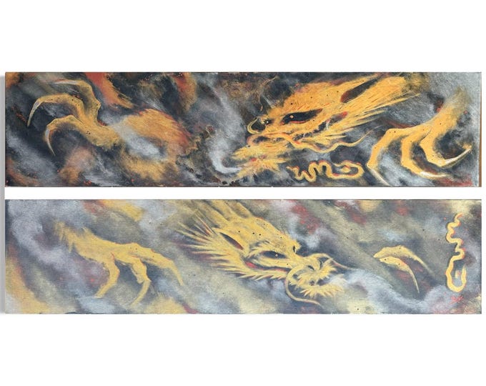 Metallic Gold Silver Smoking Dragon Spray Painted Handmade Art Signed On Canvas