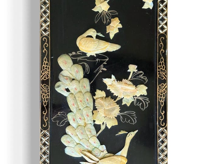 Vintage Mother Of Pearl Peacock Asian Art Hand Painting Wall Hang Wood Black Lacquer
