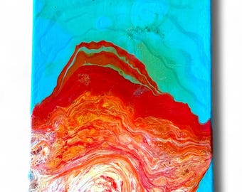 Abstract Blue Red Lava Flow Color Acrylic Painting Canva Art Original Small 10x8