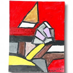 May include: Abstract painting on canvas with a vibrant red background. The artwork features geometric shapes in yellow, gray, brown, and white, with a central cluster of lavender and gray forms. The artist's signature is in the bottom right corner.
