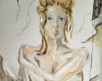 Large Original Hand Painted Art Drawing Canvas Woman Lady Figure Artist Sketch