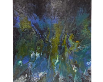 Abstract Acrylic Pour Original Painting On Canvas Blue Green Modern Wall Artwork