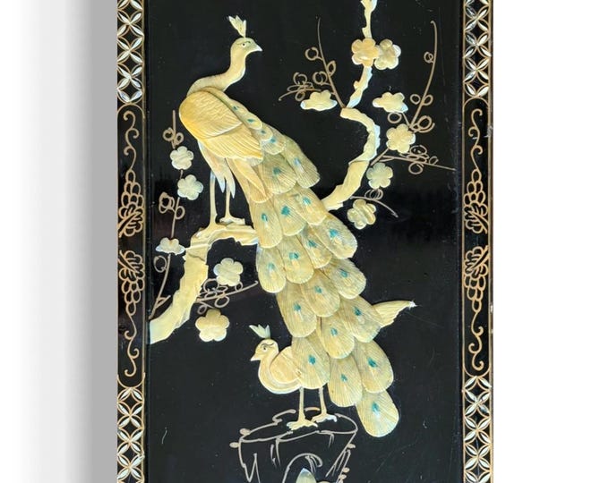 Vintage Mother Of Pearl Peacock Asian Art Hand Painting Wall Hang Wood Black Lacquer