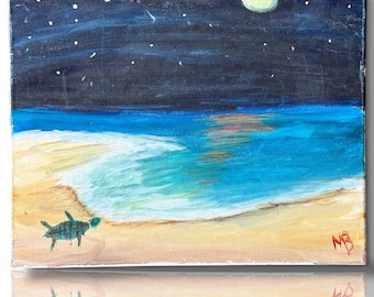 A painted canvas original artwork turtle sea moon night amateur not? Art artist