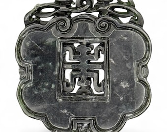 Antique Asian Black Natural Jade Amulet Round Hand Carved Bat Coin Medallion Art