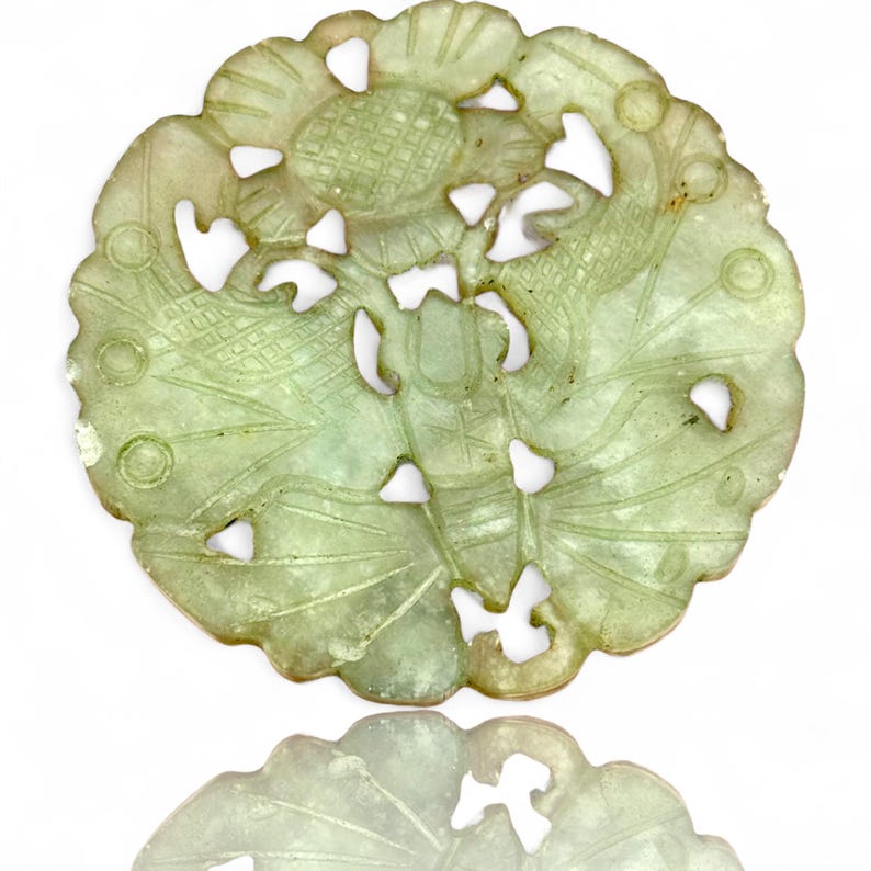 An Old Asian Green Jade Amulet Hand Carved Round Butterfly Antique ...