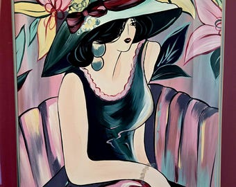 Original Acrylic Painting Elegant Woman in Floral Hat Portrait Fashion Wall Art