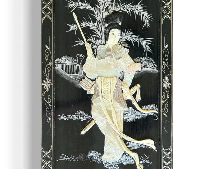 Vintage Mother Of Pearl Asian Art Hand Painting Wall Hanging Wood Black Lacquer