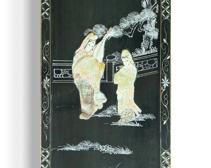 Vintage Mother Of Pearl Asian Art Hand Painting Wall Hanging Wood Black Lacquer