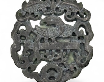 An Old Asian Jade Amulet Natural Black Green Hand Carve Phoenix Dragon Round Art