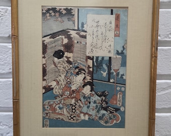 Original Japanese Color Ukiyo-e Woodblock Print Utagawa Kunisada Geisha Girl Art