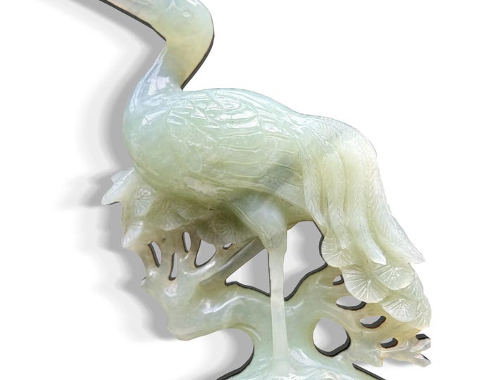 Antique Chinese Hand-Carved Light Green Jade Crane Bird Prunus Flower Sculpture Art