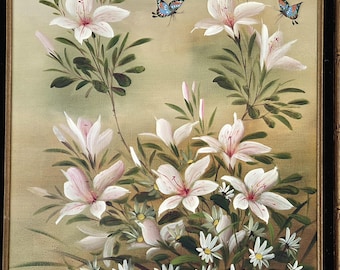 Original Framed Floral Oil Painting: Pink Lilies, Daisies, Butterflies Art Decor