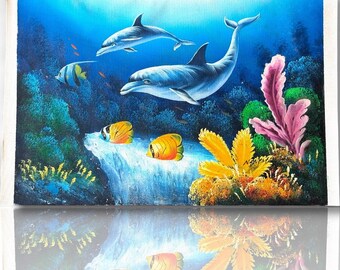 A Signed painted Original Canvas Underwater Sea Reef Dolphins Fish world art