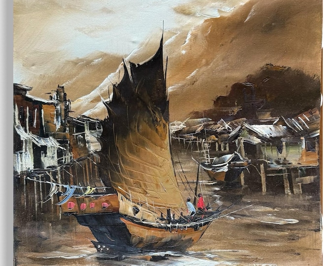 Signed Original Oil Painting Chinese Sail Boat Ship Shrimp Hut Harbor Scene Art