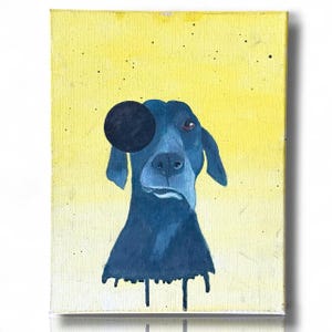 May include: A whimsical painting of a dark blue dog with a black circle covering one eye. The dog is set against a yellow background with black speckles. The bottom of the painting has dark blue drips.