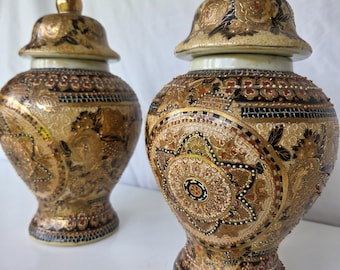 Pair of Porcelain Jar Vases Satsuma Hand Painted Moriage Enamel Gold Gilt Decor