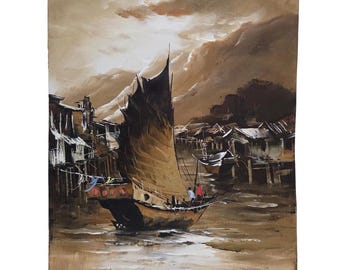 Asian Sailing Fishing Boat Ship Harbor Original Painting Canvas Signed Art Decor