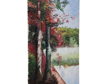 Original Landscape Painting On Canvas Autumn Forest Trees Lake Nature Art Signed