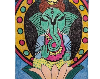 Hindu Ganesha Original Painting Elephant Lotus Meditation Spiritual Wall Artwork