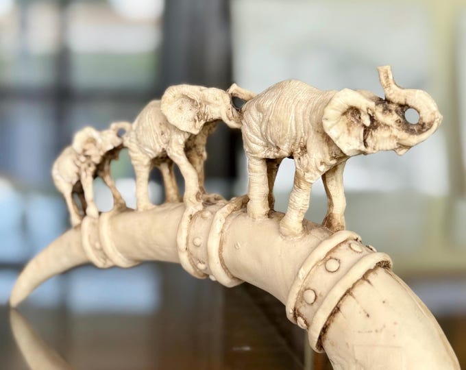 African Hand-Carved Three Elephants Tusks Up on Horn Resin Faux Ivory Art Decor