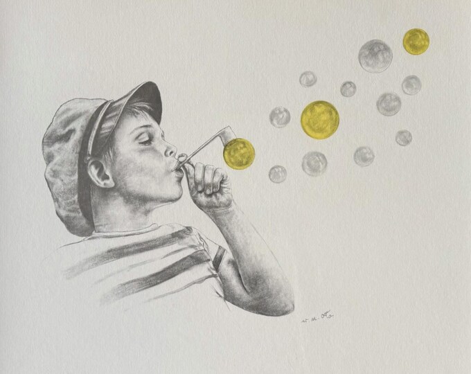 Vintage Wolfgang M Otto Pencil Drawing Original Boy Blowing Bubble Signed Framed