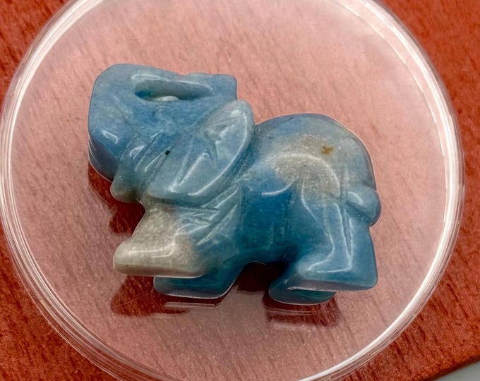 Blue Calcite Miniature Elephant Tusk Up Carved Crystal Lucky Charm Figurine Art