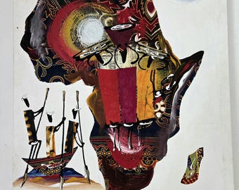 Original African Art Painting Africa Map Tribal Cultural Canvas Art Mixed Media