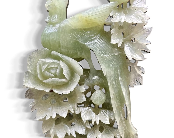 Antique Natural Xiu Jade Hand-Carved Phoenix Bird and Rose Bush Sculpture Art