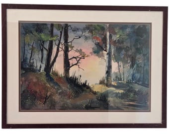 Eli Geller Signed Original Watercolor Painting Forest Trees Sunset Artwork Decor