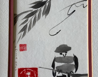 Original Signed Sumi-e Ink Painting "Bird and Bamboo" by Emilia Baer Asian Art