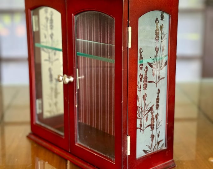 Vintage Wall Hanging Cherry Wood Glass Trinket Display Jewelry Box Charm Corner Cabinet
