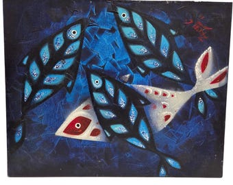 Original Painting Abstract Fish Blue Marine Ocean Mid Century Modern Art Signed