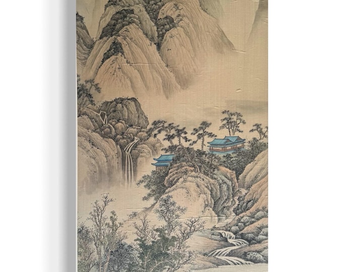 Japanese Silk Mountains Rivers Landscape Watercolor Painting Hanging Scroll Art