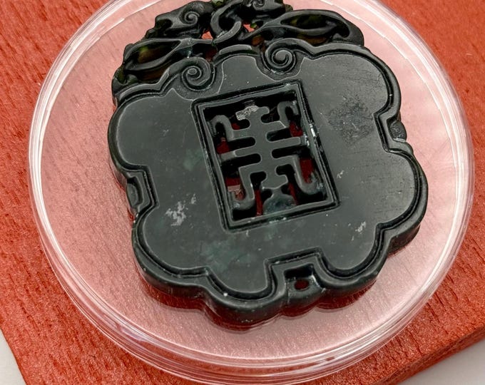 Black Green Natural Jade Hand Carved Square Amulet Medallion Pendant Lucky Piece
