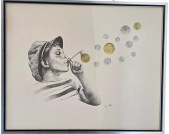 Wolfgang M Otto Original Pencil Drawing Signed Artwork Framed Boy Blowing Bubble