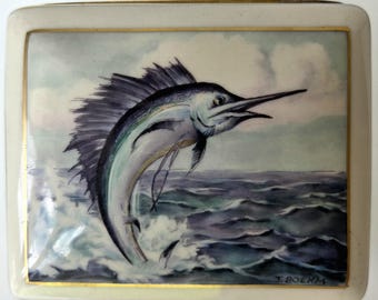 J.Boehm Porcelin Trinket Box Swordfish Sailfish Marlin Ocean Gold Trim Ceramic