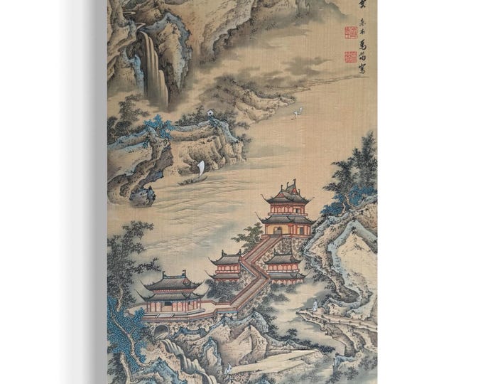 Japanese Silk Mountains Rivers Landscape Watercolor Painting Hanging Scroll Art
