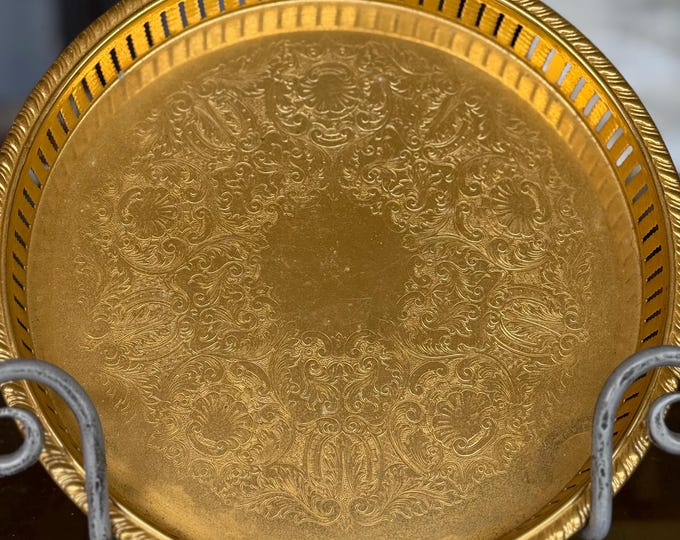 Vintage MCM William Adams 24k Gold Plated Ornate Etched 14" Tray Italy Barware