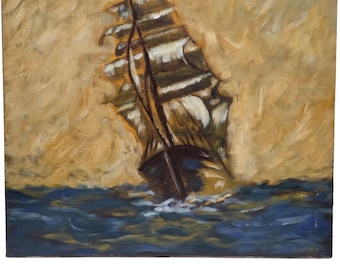 Sailing Ship Original Painting On Canvas Signed Nautical Seascape Ocean Wall Art