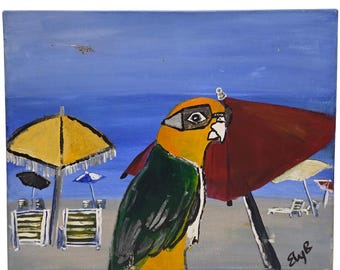 Original Tropical Parrot Bird Beach Island Painting On Canvas Signed Artwork Art
