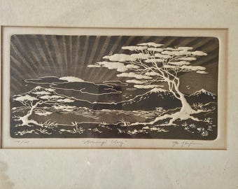 Al Kaufman Morning Glory Signed Numbered Intaglio Etching Art Japanese Pine Tree