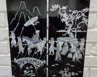 Asian Inlayed Mother Of Pearl On Black Laquer Wood Panel Horse Wall Decor 2p Set