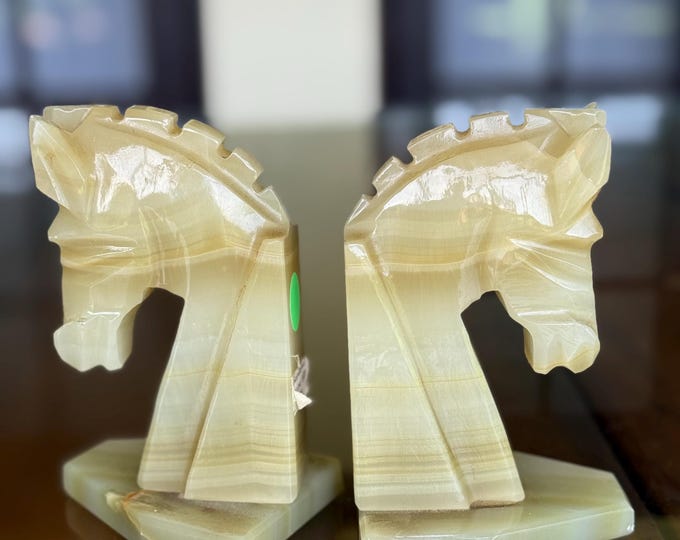 Vintage Bookend Pair Hand Carved Green Mexican Onyx Chess Trojan Horse Head