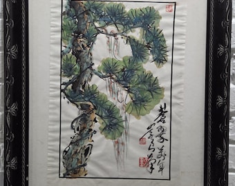 Original Japanese Pine Tree Watercolor Painting Ink Wash Nature Art Signed Seal