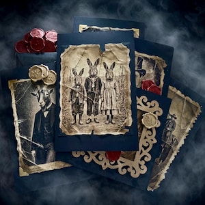 May include: A collection of dark blue envelopes and cards featuring vintage-style sepia illustrations of anthropomorphic rabbits and a goat in formal attire. The stationery is adorned with gold metal corner accents and circular red or gold wax seals.