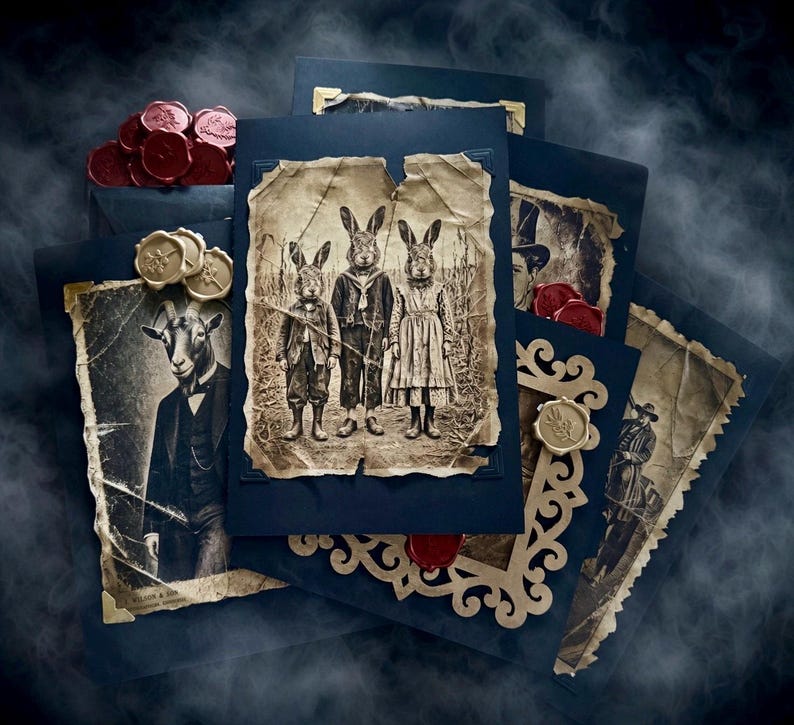 May include: A collection of dark blue envelopes and cards featuring vintage-style sepia illustrations of anthropomorphic rabbits and a goat in formal attire. The stationery is adorned with gold metal corner accents and circular red or gold wax seals.