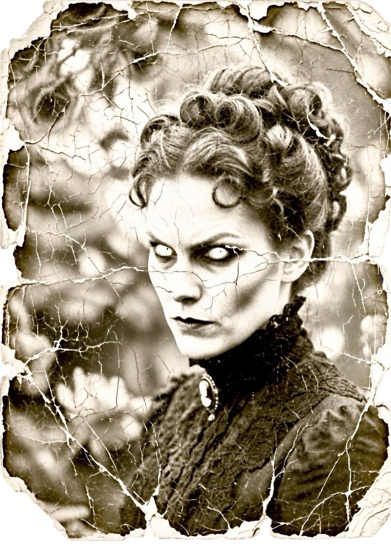 May include: A sepia-toned, distressed photograph featuring a person with pale skin, dark hair styled in an updo, and solid white eyes. The person wears a high-collared black lace garment with a small cameo brooch at the center of the neckline.