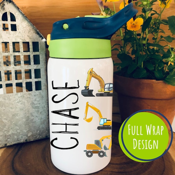 Kid's All Around Excavator 12oz Water Bottle Personalized with Name / Insulated with pop up lid and straw / For kid who loves excavators